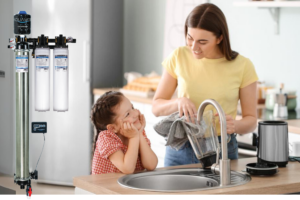 Mom and daughter filling glass of water in kitchen sink with image of Honest Water Filtration system overlayed.