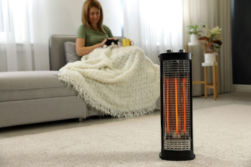 A woman sitting on a couch with a cat in her lap and a space heater turned on in the foreground.