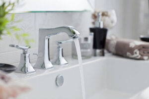 A running faucet in a bathroom.